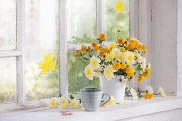 chrysanthemums in  vase on  windowsill in autumn