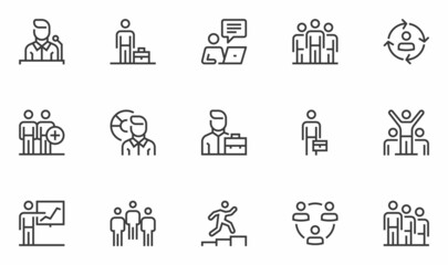Set of Vector Line Icons Related to Business People. Business Communication, Office Management, Team Work. Editable Stroke. 48x48 Pixel Perfect.