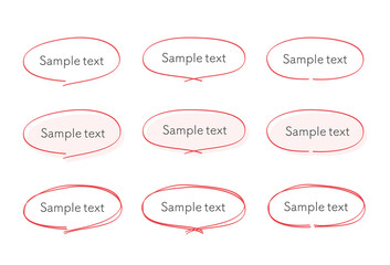 手描き風の丸、円形、ポイント、見出し、題名フレームのイラストセット　赤色バージョン