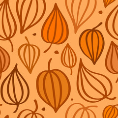 Orange autumn physalis pattern. Seamless texture for textile, fabric, apparel, wrapping, paper, stationery.