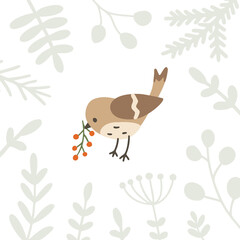 Little cute bird with berry and plant silhouette frame. Print for for apparel, card, textile, fabric, nursery, stationery.