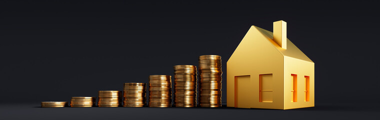 Golden toy house with stacks of coins on black background - 3D illustration