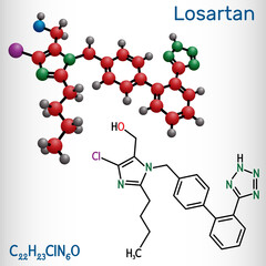 Losartan molecule. It is drug, used to treat hypertension, diabetic kidney disease, heart failure. Structural chemical formula and molecule model