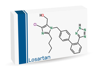 Losartan molecule. It is drug, used to treat hypertension, diabetic kidney disease, heart failure. Skeletal chemical formula. Paper packaging for drugs