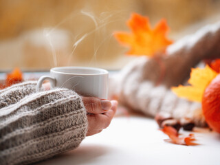 A woman's hands in a warm sweater holds a white cup of hot coffee or tea . On the windowsill with autumn maple leaves and a view from the window