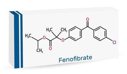 Fenofibrate molecule. It is drug, used to lower cholesterol levels in patients at risk of cardiovascular disease. Skeletal chemical formula. Paper packaging for drugs