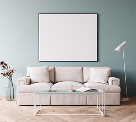 Modern interior with white sofa and empty white picture frame 3D Rendering, 3D Illustration