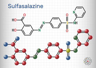 Sulfasalazine molecule. It is azobenzene, used in the management of inflammatory bowel diseases. Structural chemical formula and molecule model. Sheet of paper in a cage
