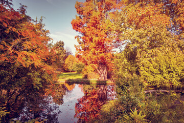Fall foliage in France. Autumnal colors landscape, reflections in a pond
