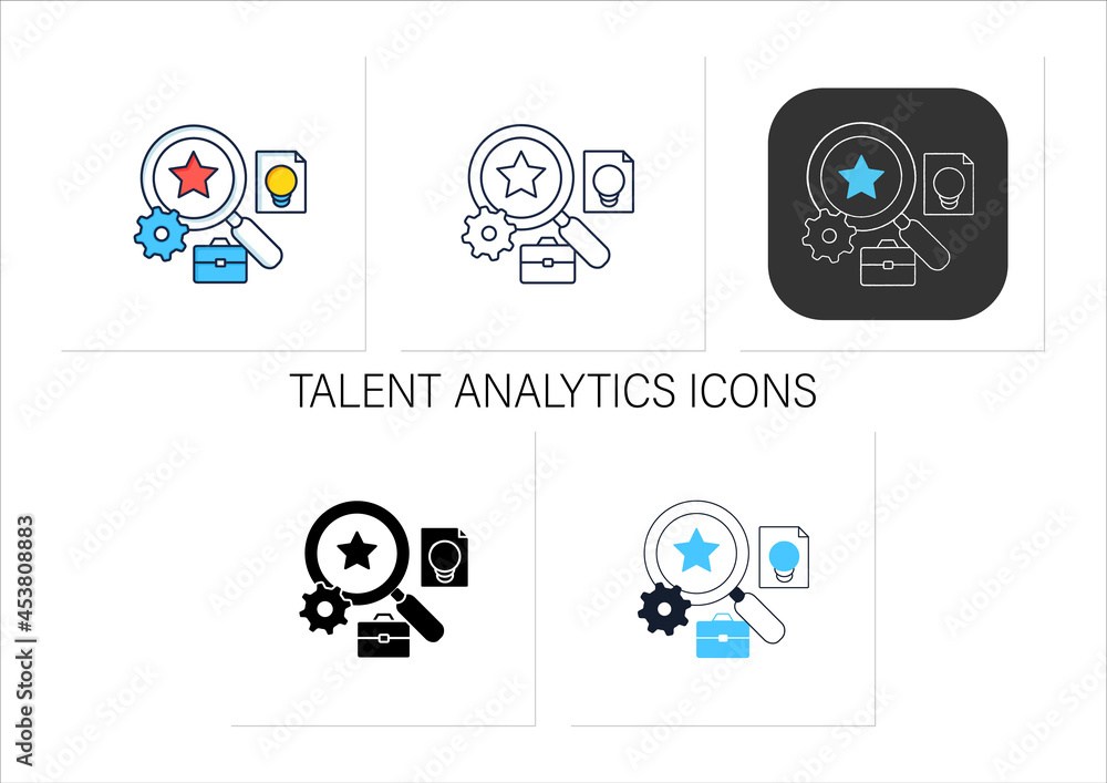 Poster talent analytics icons set.software gathers insights into company workforce, potential employees. fi