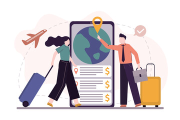 Tourists choose place to travel on phone screen. Happy cartoon travelers searching country in mobile application. Summer vacation and recreation concept