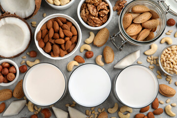 Vegan milk and different nuts on grey table, flat lay