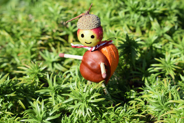 Cute figurine made of chestnut, oak apple, cupule and physalis. Creative fun in autumn time