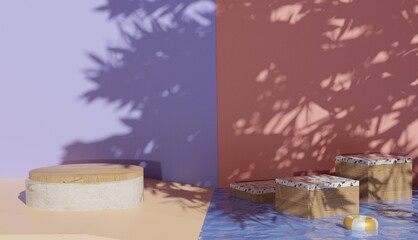 3d background showing marble podium view and clear water with shadow, premium photo