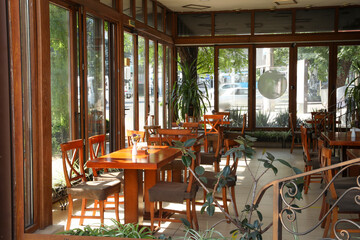 Beautiful view of modern cafe with outdoor terrace