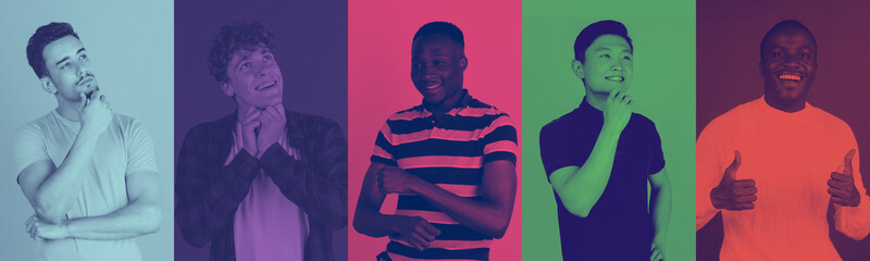 Collage of young multiethnic men with bright facial expression on multicolored background. Trendy,...