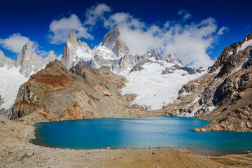 Famous Mount Fitz Roy panorama - symbol of Patagonia, El Chalten, Los Glaciares National Park,...