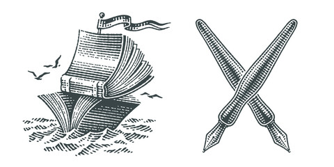 Calligraphic pens. Ship and books, school, education and library. Hand drawn engraving style vector illustration.