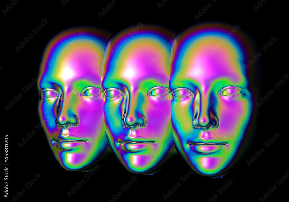 Poster surreal 3d illustration of multiple faces in a wall. concept of post-human and transhumanism ideas.