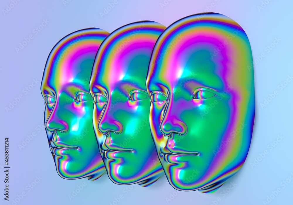 Poster surreal 3d illustration of multiple faces in a wall. concept of post-human and transhumanism ideas.