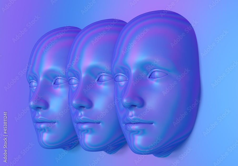 Poster surreal 3d illustration of multiple сonjoined faces in a wall. concept of psychological and mental h