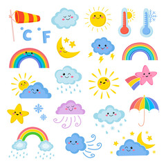 Set of cute weather doodle illustration. Isolated vector characters on white background