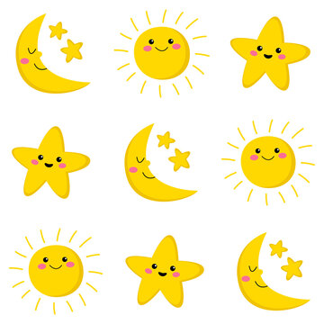 Cute moon star sun seamless vector pattern. Funny weather ornament