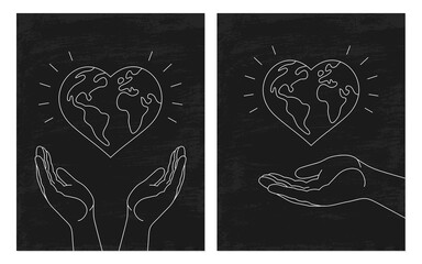 Set of ecology cover book design, hands hold heart-shaped Earth, ecology backgrounds
