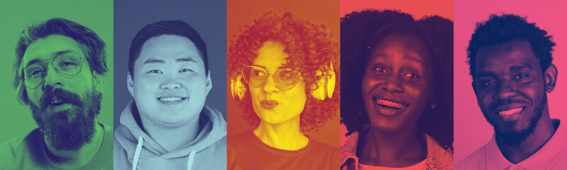 Collage of young multiethnic men with bright facial expression on multicolored background. Trendy,...