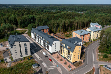Fototapeta premium Aerial view of the brand new neighborhood Kalliolahde of Espoo, Finland. The new apartment buildings. Modern Nordic Architecture.