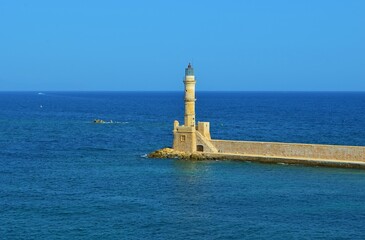 lighthouse in the mediterranean sea in Chania, Crete, Greece