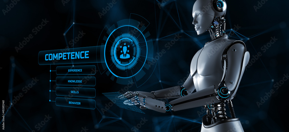 Poster competence skills concept. robot pressing button on screen 3d render.