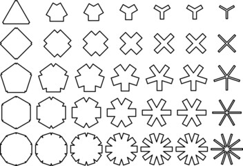 多角形切り込みから直角星形、歯車などバリエーションセット_黒線白塗り