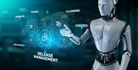 Obraz na płótnie Canvas Release management agile development concept. Robot pressing button on virtual screen. 3d render.