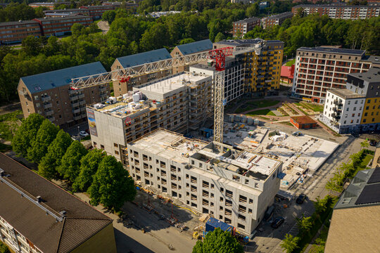 Building site within Högsbo view from, aerial birds eye image, Gothenburg, Sweden, 2021 year