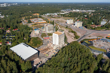 Aerial view of the construction site of the brand new residential district Finnoo of Espoo city, Finland. August 2021. Modern Nordic Architecture