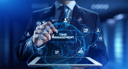Time management planning productivity business concept. Businessman pressing button.