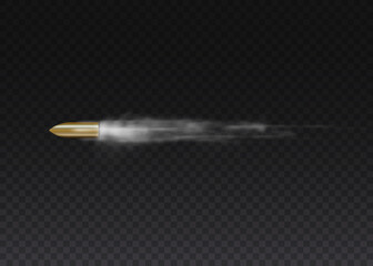 Realistic flying bullet in motion, smoke traces.