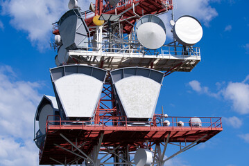 Television and radio antenna at local mountain Pfänder on a sunny summer day. Photo taken August 15th, 2021, Lochaue, Austria.