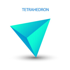 blue tetrahedron with gradients for game, icon, package design, logo, mobile, ui, web. One of regular polyhedra isolated on white background. Minimalist style. Platonic solid.