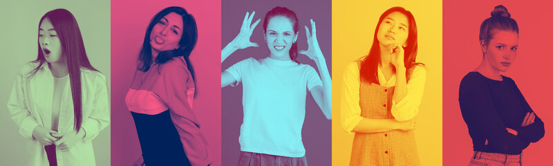 Collage of young multiethnic women with bright facial expression on multicolored background....