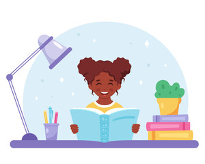 Black girl reading book. Girl studying with a book. Vector illustration