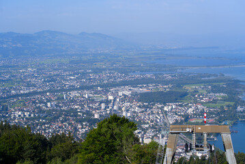 Aerial view of Bregenz seen from local mountain Pfänder on a sunny summer day. Photo taken August 15th, 2021, Bregenz, Austria.