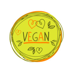 Vegan icon, logo or label. Vegetarian symbol with hand drawn text and leaves. Vector illustration.