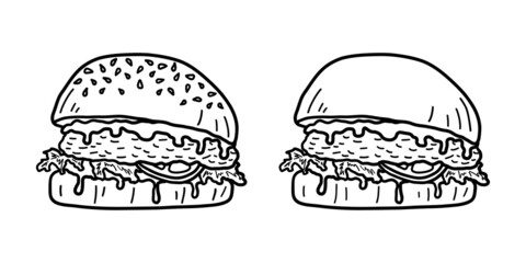 Burger icon set. Hamburger or sandwich outline sketch. Fast food concept. Vector illustration.