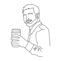 Smiling men holding a beer glass in his hand. Outline sketch. Drinking beer and toasting concept. Party, celebration concept. Vector illustration.
