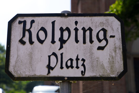 Street sign of square Kolpingplatz at City of Bregenz on a sunny summer Sunday. Photo taken August 15th, 2021, Bregenz, Austria.