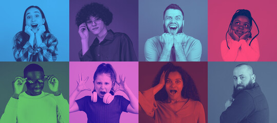 Portrait of young multiethnic people with bright facial expression on multicolored background....