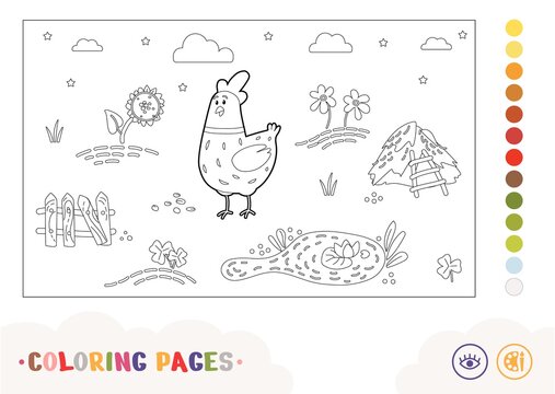 Cartoony chicken walking on countryside farm birdyard. Contour preschool kids coloring book. Colorless image of domestic animal with possible colors palette.