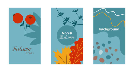 Set of autumn social media stories. Bright vector backgrounds with abstract floral pattern and place for text. Concept design for advertising, promotion, event invitation